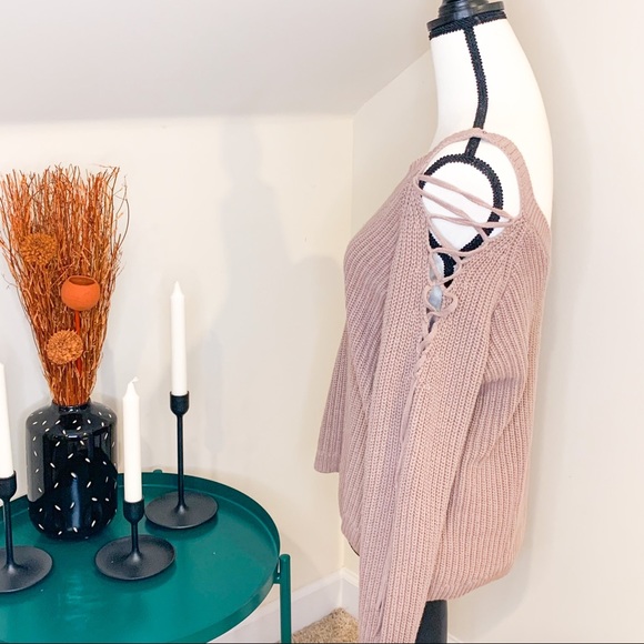 LA Hearts Taupe Boat Neck Laced Sleeve Sweater - Picture 2 of 8